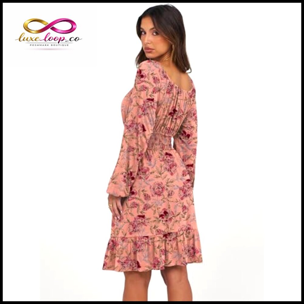 Long Sleeve Midi Dress A-Line Square Neck Elastic Waist Ruffle Hem - Picture 5 of 7